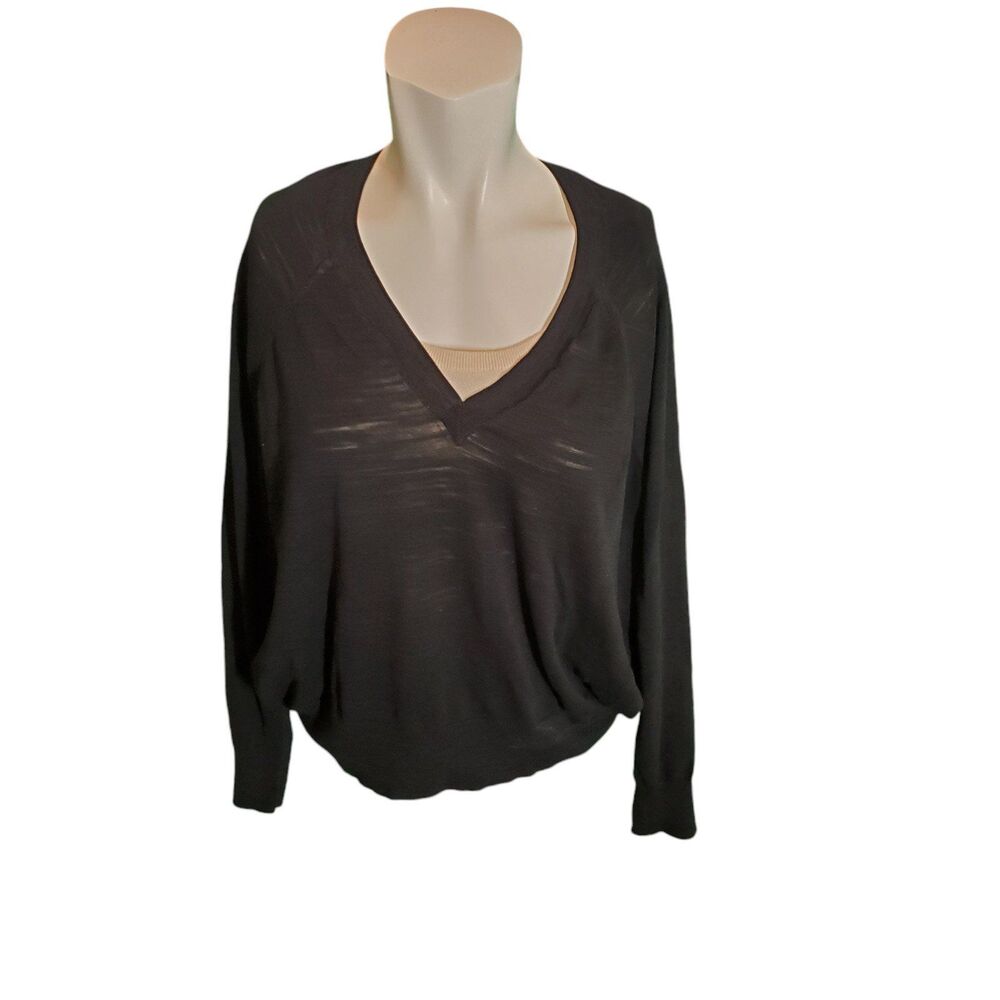 AllSaints Semi-Sheer Slub Knit Sweater V-Neck Pullover Black Sz L